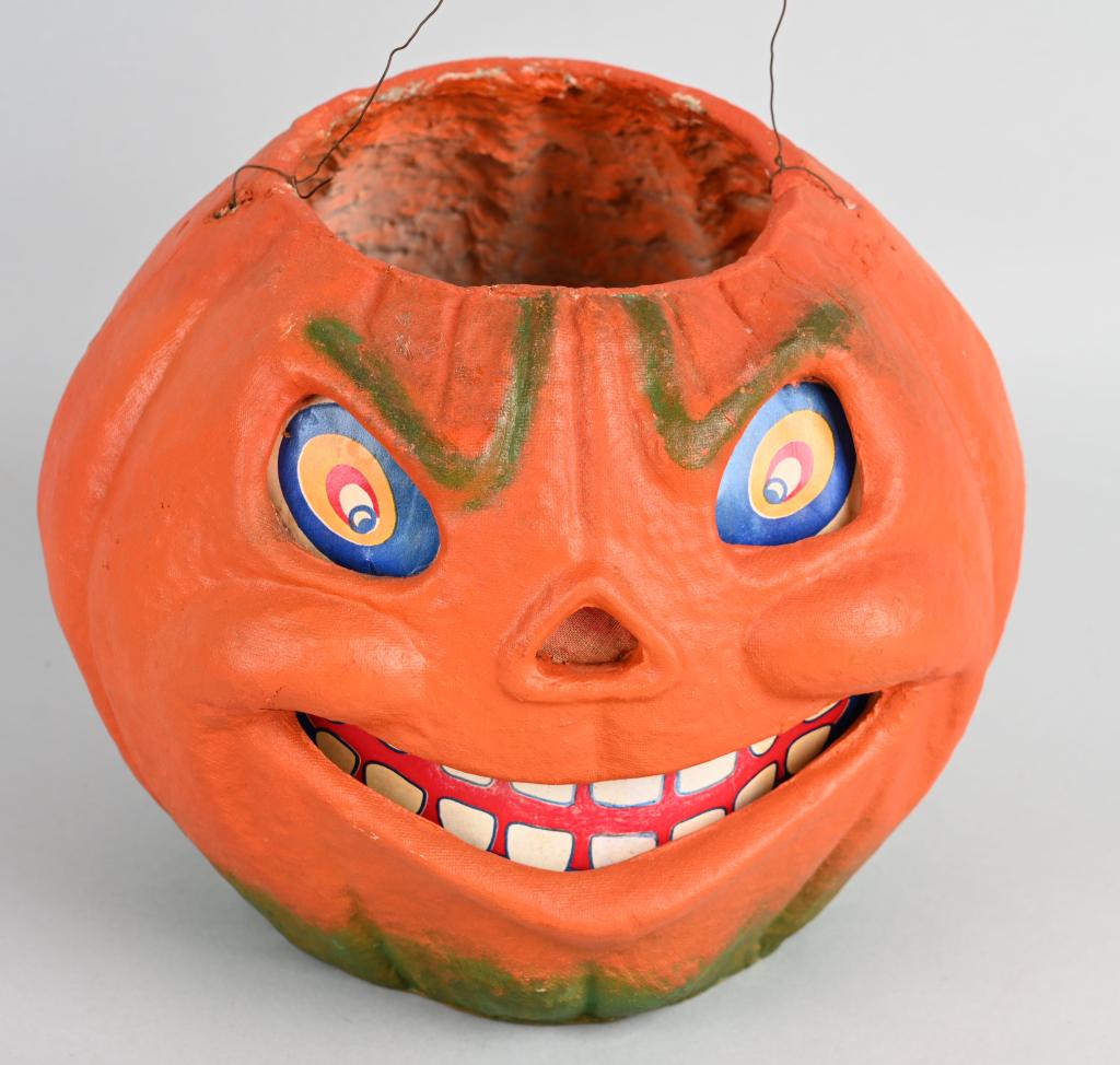 HUGE HALLOWEEN PAPER MACHE JACK O LANTERN: Huge 9" vintage paper mache Jack O Lantern. Great expressive face. All original and in great condition.