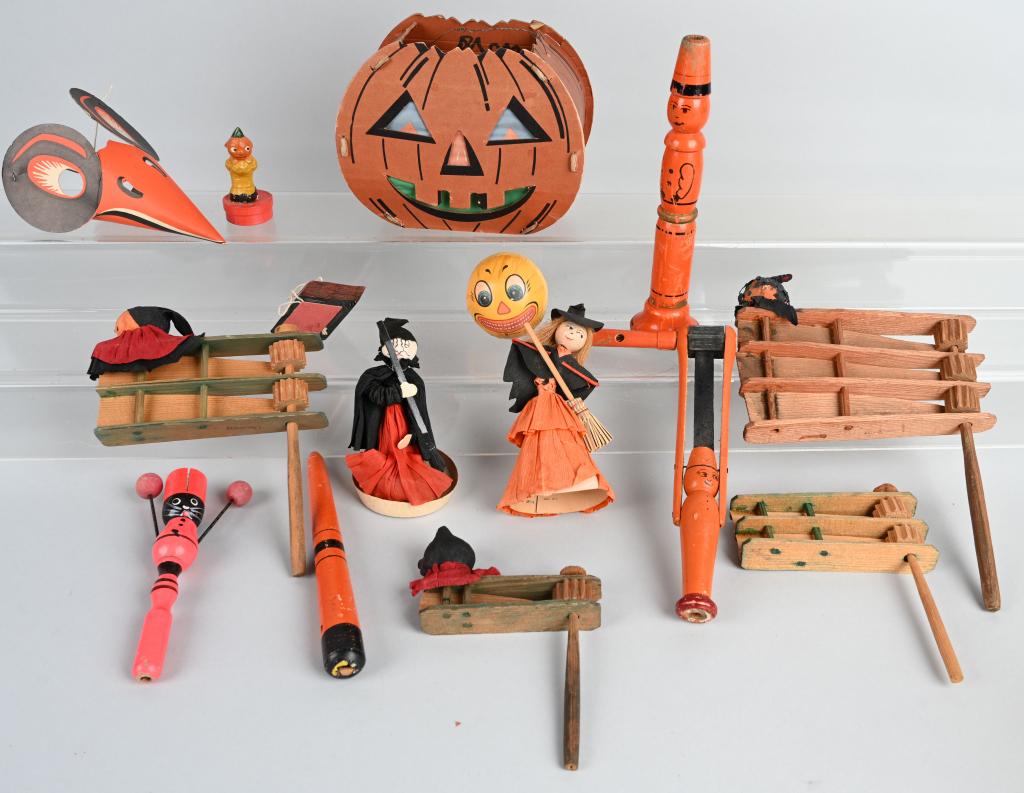 VINTAGE HALLOWEEN LOT: Includes wood & composition Noise Makers, Jack O Lantern, Decorations, and More. Very Good-Excellent