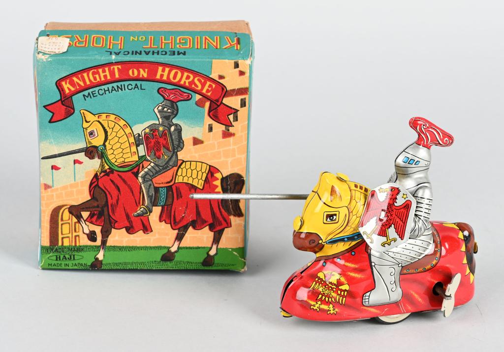 JAPAN Tin Windup KNIGHT ON HORSE w/ BOX: All original with great colors. Works. Boxed. 5" Excellent