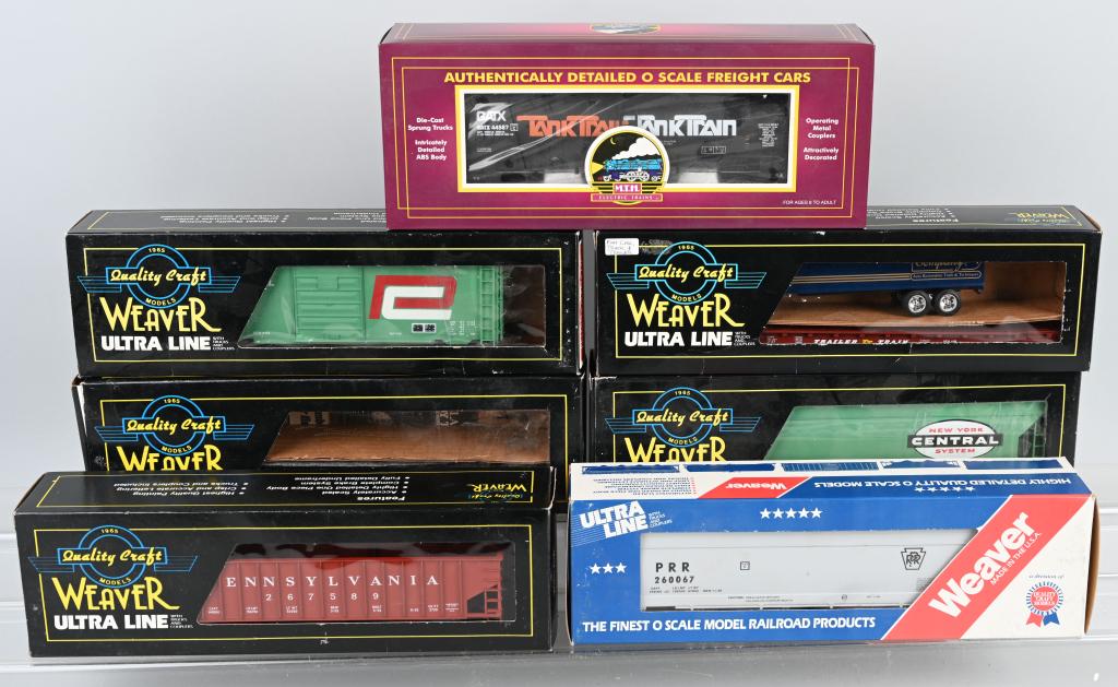 7- WAEVER & MTH ROLLING STOCK TRAIN CARS w/ BOXES: Includes Penn Central Box Car, NYC Hopper, Penn Hopper, # Bay Coal car, Penn Flat Car, NYC Flat Car, and GATX Tank Car. All Boxed