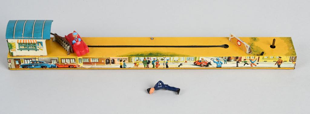 ARNOLD Tin Windup POLICEMAN & CAR: Windup Car goes back and forth with Cop figure watching. Works. Cop figure loose but present. 15" Very Good