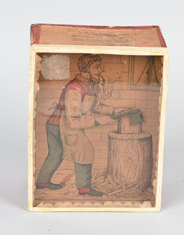 GERMAN WOOD CHOPPER SAND GRAVITY TOY: All original early German toy. Operates with sand and gravity. Litho figure has chopping action. 7" Excellent