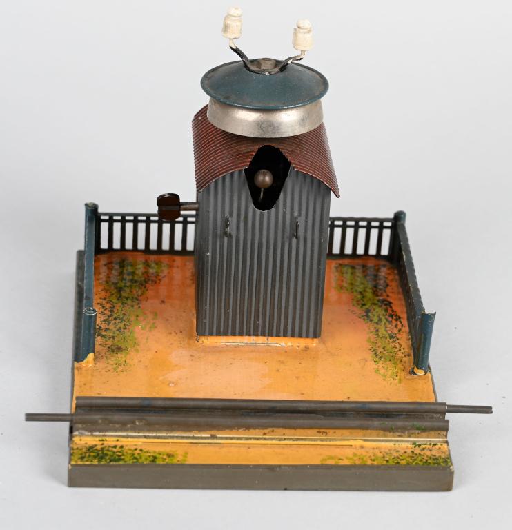 MARKLIN WINDUP TRAIN ACCESSORY w/ BELL: All original and working. Has adjustable track. Nice clean piece. 6" Excellent