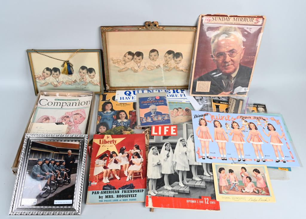 HUGE LOT OF DIONNE QUINTS MEMORABILIA: Includes Cut Out Dolls, Advertising, Post Cards, Pictures, New Papers, and much more!
