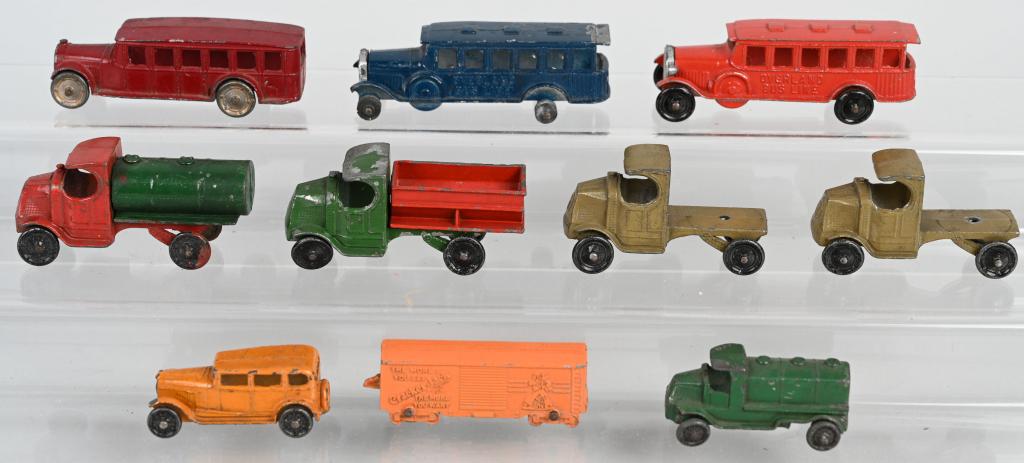 PRE-WAR TOOTSIETOYS, MACK TRUCKS, BUSES & MORE: Nice lot with 3 Buses, 5 mack Trucks and more. Condition varies. Good-Excellent