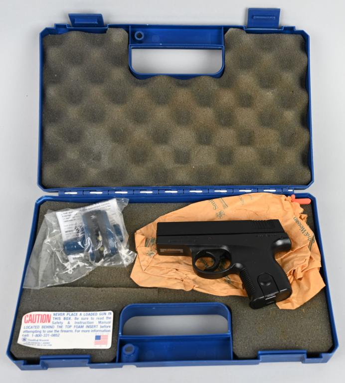 BOXED SMITH & WESSON MODEL SW380 PISTOL: SERIAL RAJ8132. BARREL 2 3/4". CALIBER .380 ACP. Alloy frame with matte finish, fixed sights, comes with case and one magazine. Gun has some minor handling marks. Bore is excellent. *