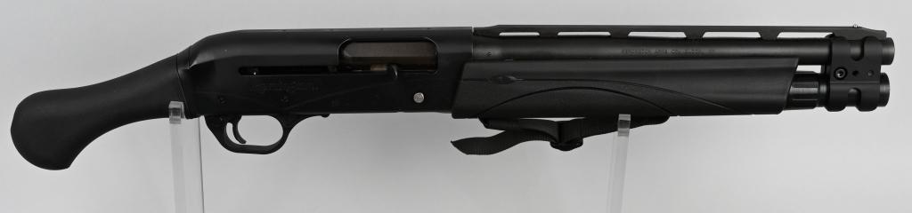 BOXED REMINGTON TAC13 SEMI-AUTO SHOTGUN: SERIAL RNF00534A. BARREL 13.5". BORE 12. CHAMBER 3". Features vent rib barrel, full length extended magazine, flat matte finish, black synthetic stock, pistol grip only, four holes on frame for mounti