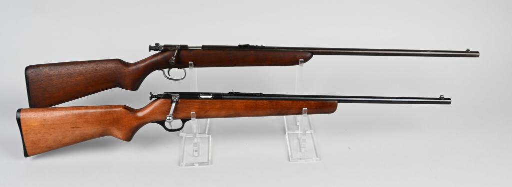 LOT OF (2) BOLT ACTION .22 RIFLES: A. SEARS MODEL 41. BARREL 21" . CALIBER .22 RIM FIRE. Made for Sears by Marlin which was the model 80 in their line. This rifle features blue metal sporting a plain pistol grip hardwood stock and spor