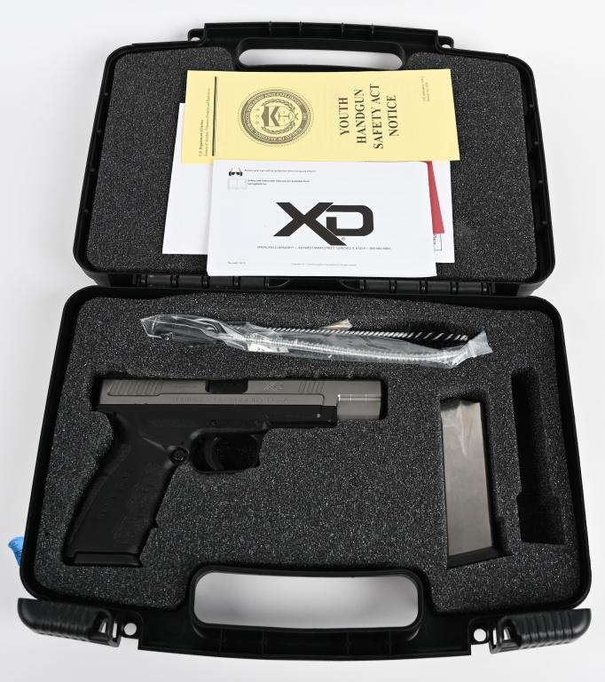 BOXED SPRINGFIELD MODEL XD SEMI AUTO PISTOL: SERIAL GM815543. BARREL 5". CALIBER 9X19. Like new in box pistol that features alloy frame, matte finish, white dot rear sight, iridescent front, stainless slide. Comes with paperwork and two magazine