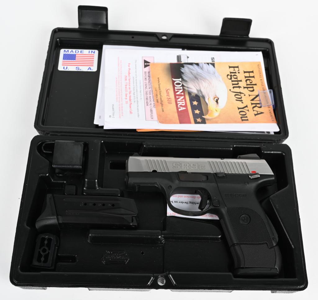 BOXED RUGER MODEL SR9c SEMI AUTO PISTOL: SERIAL 333-45438. BARREL 3 1/4". CALIBER 9X19. Compact pistol with alloy frame, stainless slide, white dot sights. As new in box with paperwork and two magazines. *