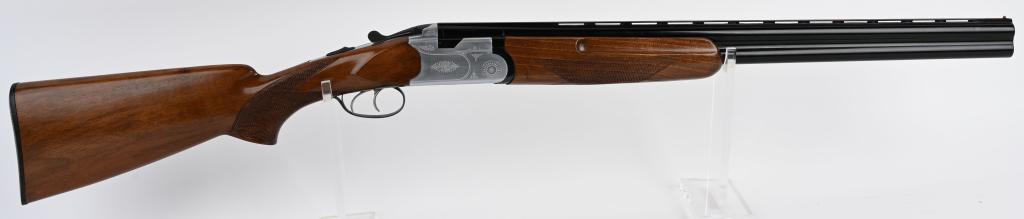 TRISTARMODEL 300 OVER UNDER SHOTGUN: SERIAL 107065. BARREL 25.5". CALIBER 12. CHOKE FULL FULL. CHAMBER 3". LOP 14". Features blue vent rib barrels with bead sight, satin nickel frame, checkered pistol grip stock with plastic butt plate. 