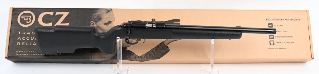 BOXED CZ 455 .22 CALIBER BOLT ACTION RIFLE: SN C516064. 16" barrel bolt action .22 rifle. CZ 455 Varmint / "Tactical" model rifle. Features polymer stock, blued finish, rubber recoil pad. Comes in original box with matching SN and specs of this