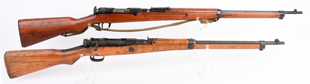 2 WWII JAPANESE ARISAKA RIFLES TYPE 38 & TYPE 99: Pair of World War II era Japanese Arisaka Rifles. I - Type 99, Serial number 74219, with 27" barrel; 7.7mm. Last-ditch style with low-grade sights, wooden butt plate, and minimalist bolt. Action does 