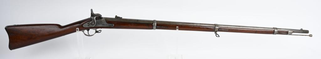 US MODEL 1861 SPRINGFIELD RIFLE: NSN. BARREL 40". CALIBER .58 PERCUSSION. Standard Civil War issue rifle finished in the white, three band, post front sight, two leaf folding rear sight (one leaf broken) full length walnut stock with