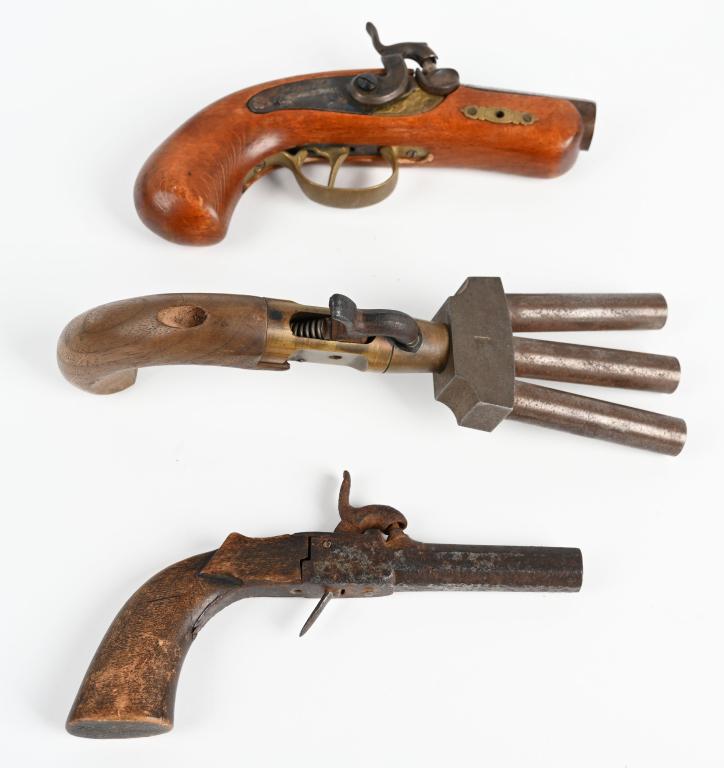 LOT OF 3 PERCUSSION PISTOLS: A. REPLICA BRASS FRAME DUCK FOOT PISTOL B. DERRINGER. Barrel rusted .Marked lock. C. RELIC CONDITION BOOT PISTOL. A