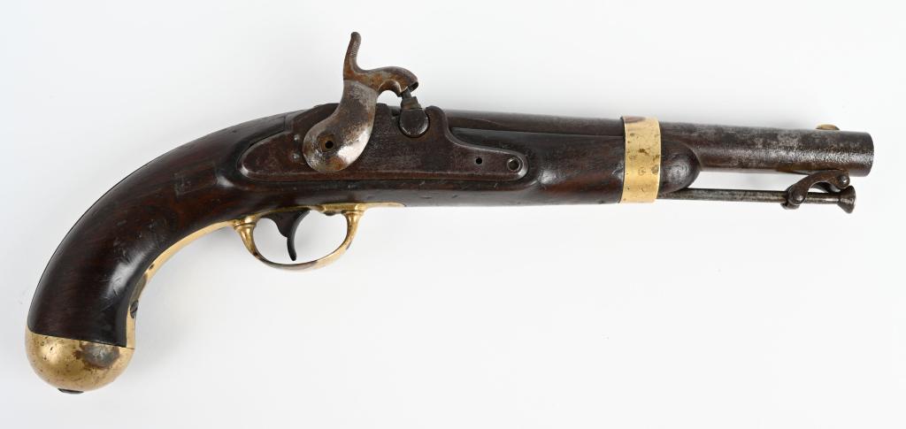 US MODEL 1842 PERCUSSION PISTOL -CONFEDERATE?: Made from 1845-1852, this example is dated 1849 on tang. It features an 8.5" barrel in .54 caliber. The left side of the walnut stock has a visible but not readable cartouche. Right side has the initi