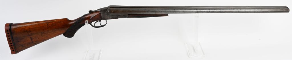 SCARCE HOPKINS & ALLEN SXS SHOTGUN: SERIAL 10812. BARRELS 30". CALIBER 12. CHOKES MODIFIED LEFT & IMPROVED RIGHT. CHAMBER 2 3/4". LOP 14 3/4" . This is an early Norwich Damascus with solid rib, manual ejectors, double triggers, pistol g