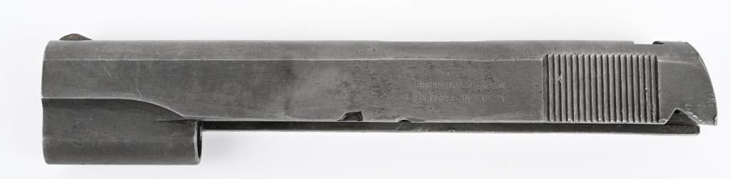 WWII REMINGTON RAND 1911A1 PISTOL SLIDE: Stripped WWII production 1911-A1 slide marked "REMINGTON RAND INC Syracuse NY USA" on the left side of the receiver. No parkerization or internal parts, exhibits light service wear, and a nick below t
