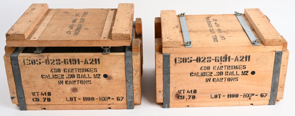 2 CRATES .30-06 HXP M2 BALL SEALED SPAM CANS 960: 480 rounds of 1960s production .30-06 M1 Garand ammo, M2 Ball, in sealed spam cans, still in the original crate. Total of 4 sealed 240 round cans, for a total of 960 rounds. Excellent