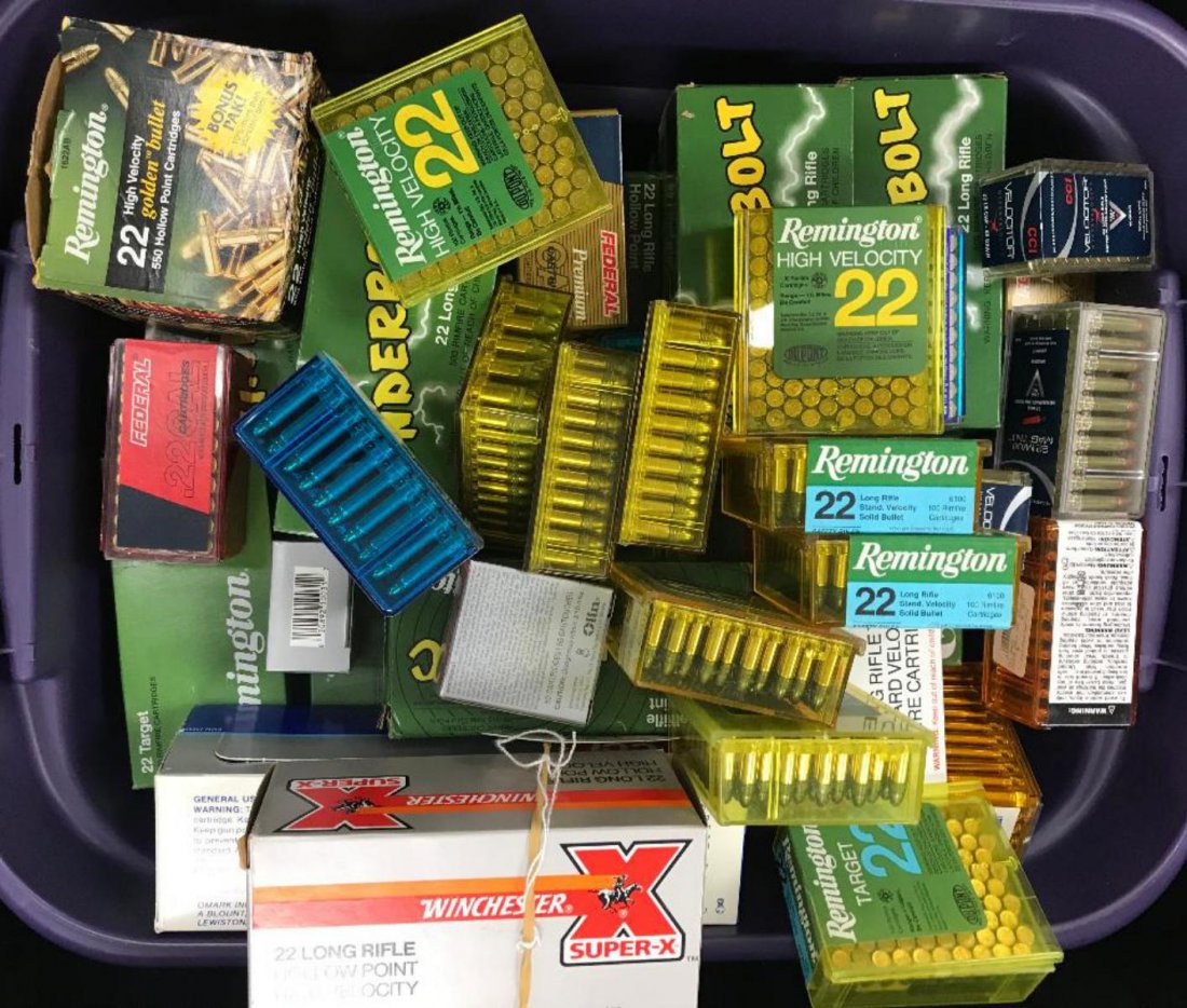12000 ROUNDS .22 AMMUNITION: Approximately 12,000 rounds of .22 caliber ammunition. Manufacturers include CCI, Remington, Winchester, and more. Mostly unopened boxes. Excellent