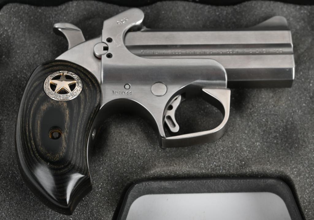 BOXED BOND ARMS C2K .45 LONG COLT / .410 DERRINGER: SN 106044. 3.5" barrel, over-Under derringer pistol in .45 Long Colt / .410. Bond Arms Century 2000 Defender (C2K) / Cowboy Century 2000. Features compact stainless steel frame with patented reboundin