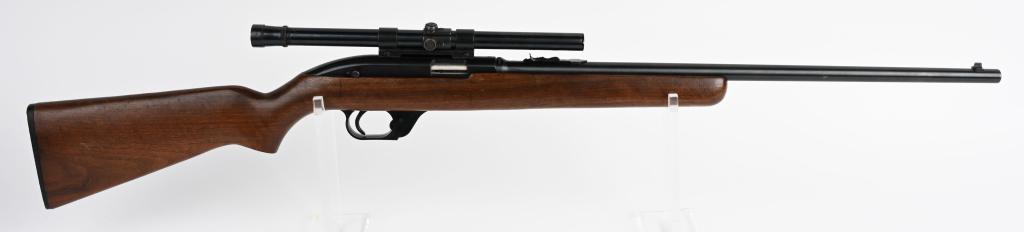 WINCHESTER MODEL 77 SEMI AUTO 22 RIFLE SCOPED: Serial NSN. Barrel length 22". Caliber .22 long rifle. Made 1955-63. Features full blue round barrel with sporting sights, equipped with a Weaver B6 scope, plain pistol grip walnut stock with Winchest