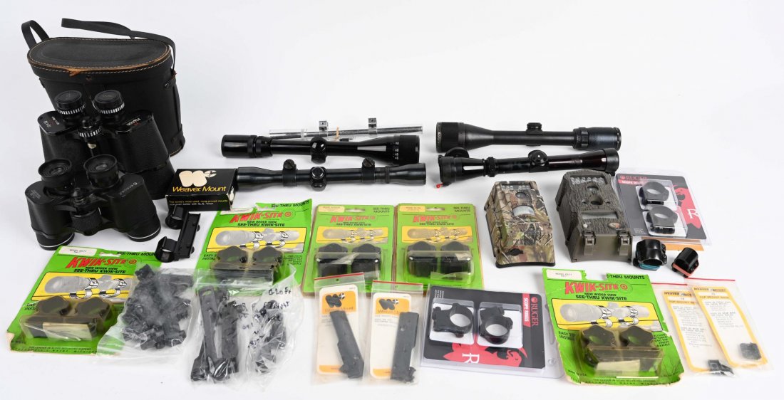 BOX LOT SCOPES RINGS MOUNTS BINOCULARS + MORE: Large lot of scope mounts, binoculars, scopes, and more. Weaver, Kwiksite Leupold, Bushnell, Redfield, and Century Arms International among the manufacturers. Some are unopened in their factory packag