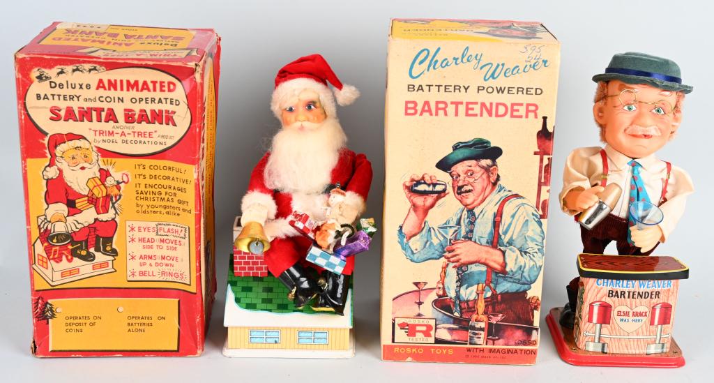 ANIMATED SANTA BANK & CHARLIE WEAVER W/ BOXES: Pair of Battery Operated toys made in Japan. Includes Deluxe Animated Battery and Coin Operated Santa Bank plus Charlie Weaver Bartender. Both all original and worked when tested. Both boxed. 12" Exce
