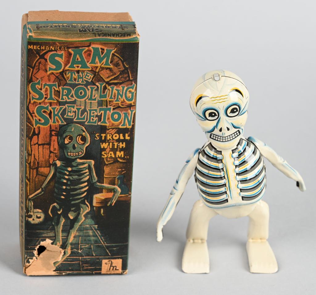 JAPAN Windup SAM THE STROLLING SKELETON w/ BOX: All original and complete. Works. Boxed 6 1/2" Excellent