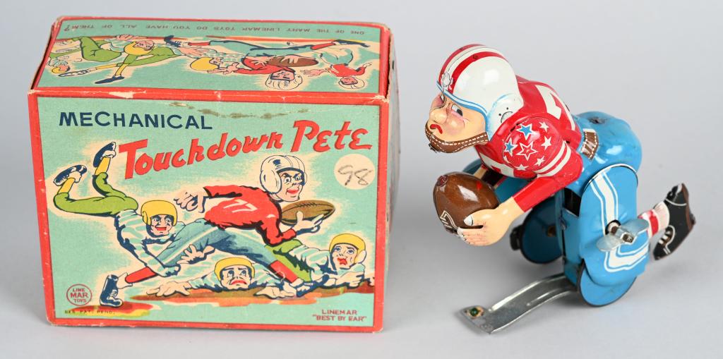 LINEMAR Tin Windup TOUCHDOWN PETE w/ BOX: All original with great colors. Windup works. Boxed 6" Excellent