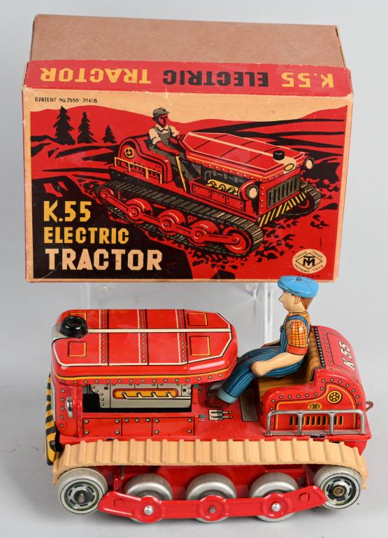 JAPAN Battery Op K55 ELECTRIC TRACTOR w/ BOX: Looks never played with condition. Worked when tested. With Box 7 1/2" Near Mint (From the Danny Kubert Collection)