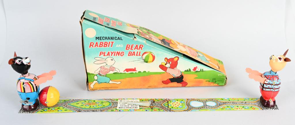 TPS Tin Windup RABBIT & BEAR PLAYING BALL w/ BOX: Beautiful toy looks never played with condition. Great colors. Windup works. With Box 11" Excellent (From the Danny Kubert Collection)