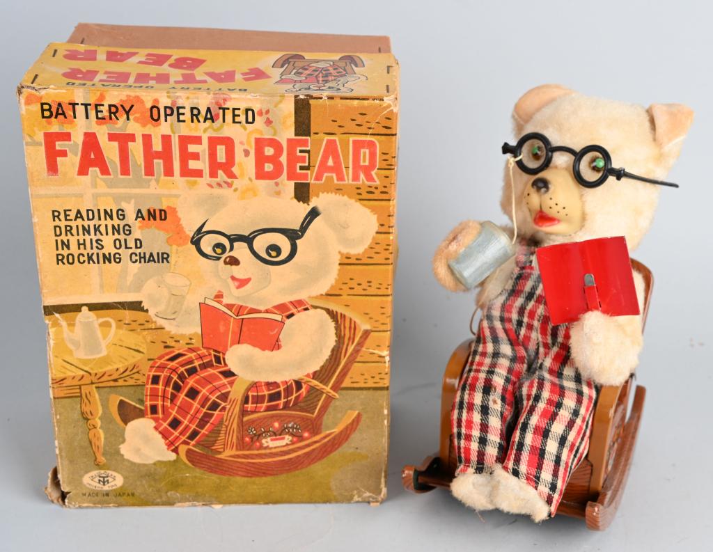 JAPAN Battery Op FATHER BEAR w/ BOX: All original and complete with glasses and book. Worked when tested. Boxed 9 3/4" Excellent (From the Danny Kubert Collection)