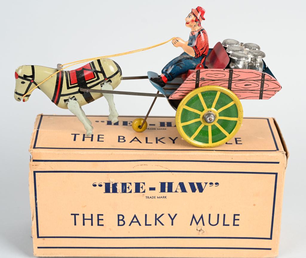 MARX TIN WINDUP HEE-HAW THE BALKY MULE w/ BOX: Nice early Marx tin windup. All original and complete. Windup works. Boxed. 10" Excellent