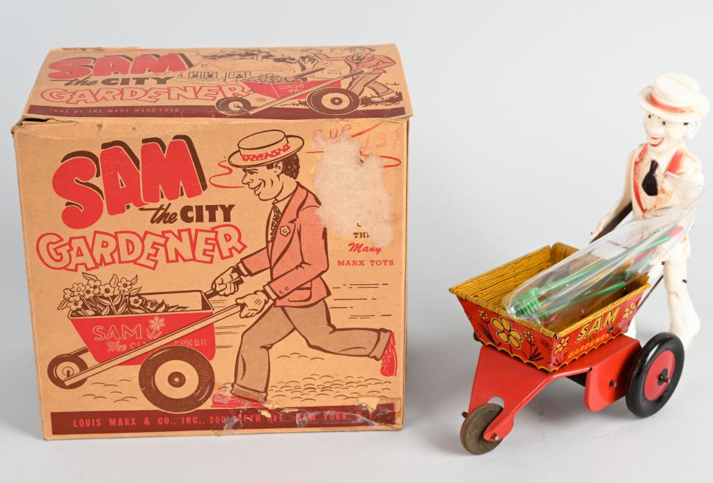MARX Windup SAM THE CITY GARDNER w/ BOX: All original with great colors. Has his accessory tools. Windup works. Boxed. 8 1/2" Excellent