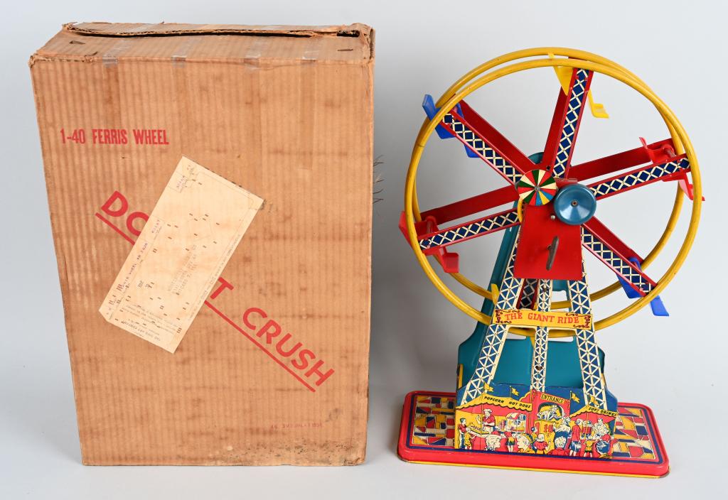 CHEIN Tin Windup FERRIS WHEEL w/ BOX: Large impressive colorful toy. All original. Windup works. Boxed. 16" Excellent