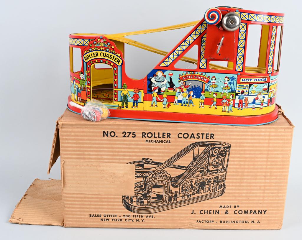 CHEIN Tin Windup ROLLER COASTER w/ BOX: Large impressive colorful toy. All original. Windup works. Boxed. 20" Excellent