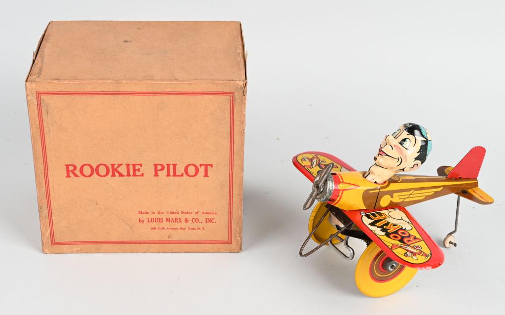 MARX TIN WINDUP ROOKIE PILOT w/ BOX: All original with great colors. Windup works. With Box. 7" Excellent