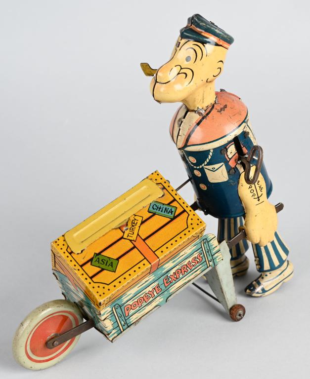 MARX Tin Windup POPEYE EXPRESS w/ MOVING PARROT: Nice early Popeye toy. Version with moving parrot. All original and complete. Windup works. 8" Excellent