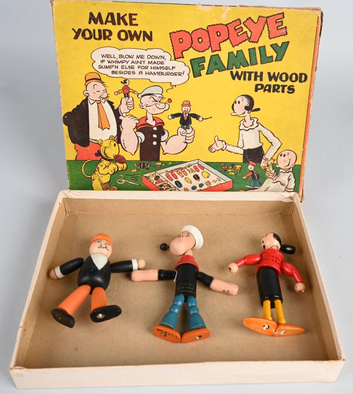 JAYMAR POPEYE FAMILY SET w/ BOX: Set comes with Popeye, Olive Oyl, and Whimpy wooden figures. All great condition. With scarce box. 11" Excellent