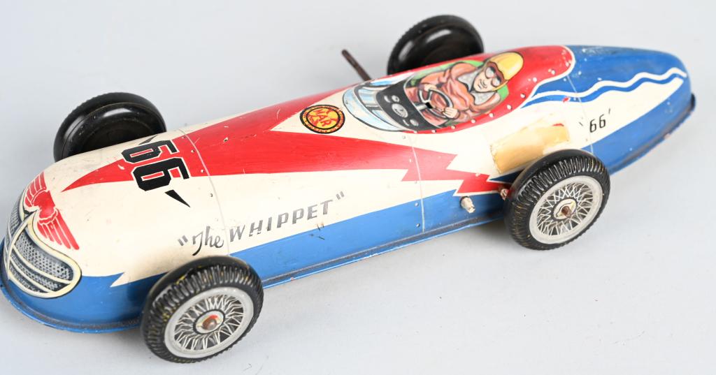 MARX PROTOTYPE TIN WINDUP #66 WHIPPET RACE CAR: Excellent Marx Prototype. Windup Race that all hand painted. Shows very nice details. Marked on bottom X-3503 ERIE 6-53. Windup works. 11 1/2" (From the Danny Kubert Collection)