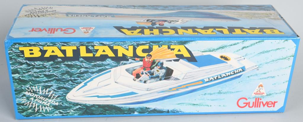 GULLIVER Motorized Batman's BATBOAT MIB: "RARE" New Old Stock Gulliver Batman's "Batlancha" Batboat. Motorized Batboat made in Brazil. Mint sealed in the box with factory cello. Box has great images of Batman and Robin in the Batboat. A very