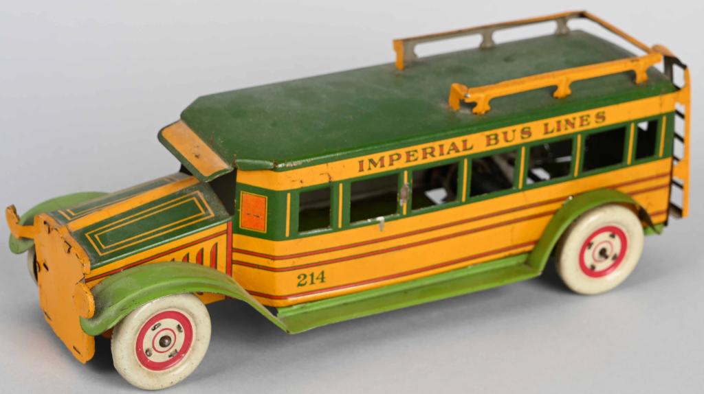 CHEIN Tin Windup IMPERIAL BUS: Nice Chein tin windup Imperial Bus. Windup works. Missing front bumper. 10" Very Good (From the Danny Kubert Collection)