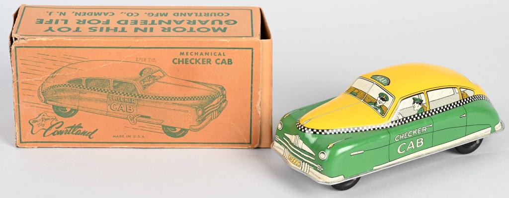 COURTLAND Tin Windup CHECKER CAB w/ BOX: Nice original toy with great colors. Windup works. Boxed 7" Excellent (From the Danny Kubert Collection)