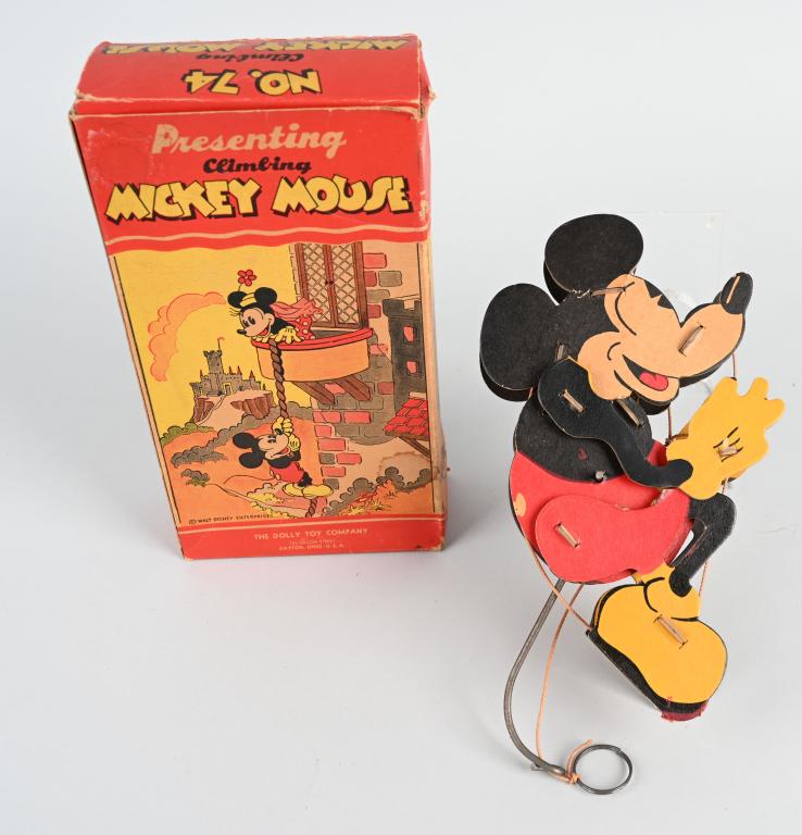 WDE DOLLY TOY CLIMBING MICKEY MOUSE w/ BOX: Walt Disney Enterprises climbing Mickey Mouse. All original and in great condition. With scarce Box. 10" Excellent