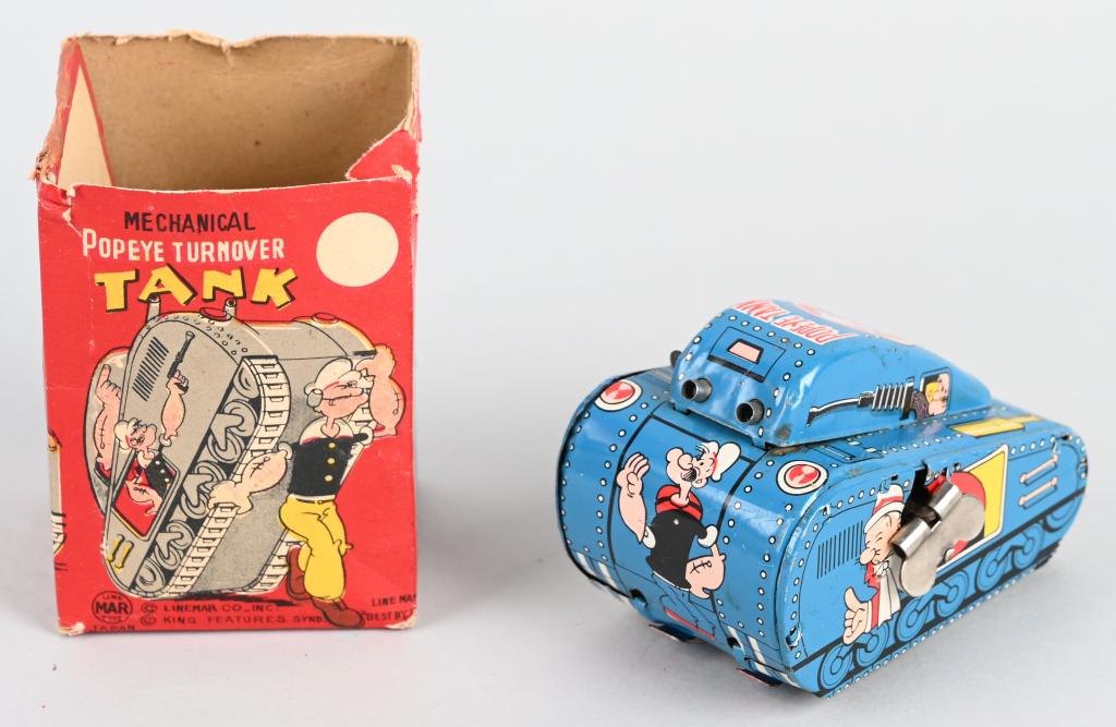 LINEMAR Tin Windup POPEYE ROLLOVER TANK w/ BOX: Very nice Popeye Rollover Tank. Blue version. Nice colors and graphics. Windup works. Boxed missing 1 end flap. 4" Excellent