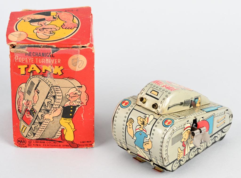 LINEMAR Tin Windup POPEYE ROLLOVER TANK w/ BOX: Very nice Popeye Rollover Tank. Silver version. Nice colors and graphics. Windup works. Boxed missing 1 end flap. 4" Excellent