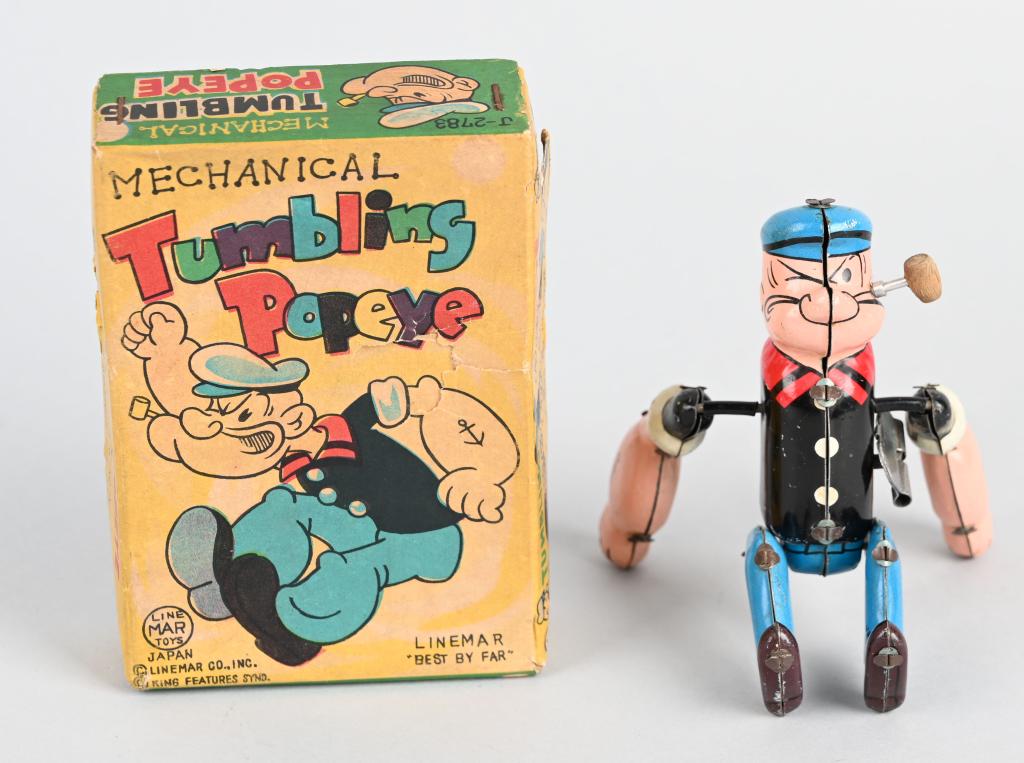LINEMAR Tin Windup TUMBLING POPEYE w/ BOX: Very nice Tumbling Popeye. All original with nice colors. Windup works. With Box. 5" Excellent