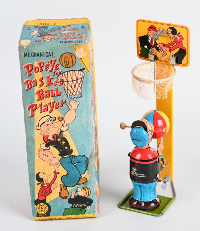 LINEMAR Windup POPEYE BASKETBALL PLAYER w/ BOX: Outstanding Linemar tin windup Popeye Basketball Player. Looks never played with condition. Colors are bright with great gloss. Windup works. Comes with colorful box. A great Popeye Toy! 9" Excellent