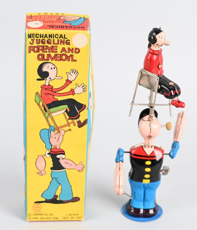 LINEMAR Windup JUGGLING POPEYE & OLIVE OYL w/ BOX: Wonderful Linemar tin windup Juggling Popeye and Olive Oyl. Toy looks never played with condition. Colors are bright with great gloss. Windup works. Comes with crisp colorful box. A great example of a